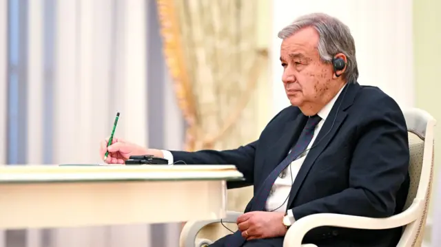 A handout photo released by the Russian Presidential Press and Information Office on the official website of the Russian President shows Secretary-General Antonio Guterres attending a meeting with Russian President Vladimir Putin (not pictured) in the Kremlin in Moscow, Russia, 26 April 2022.