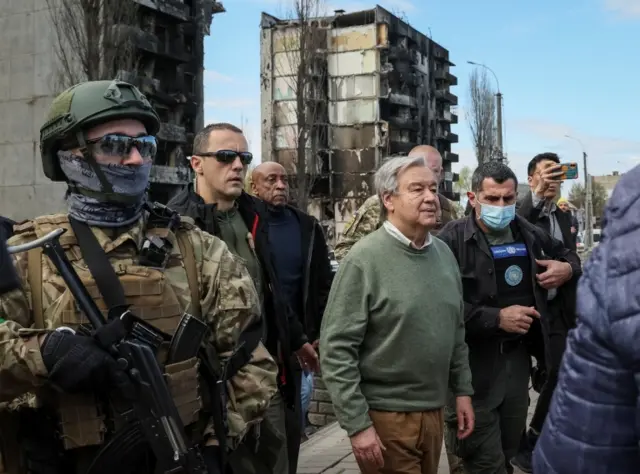 Image shows Antonio Guterres in Borodyanka