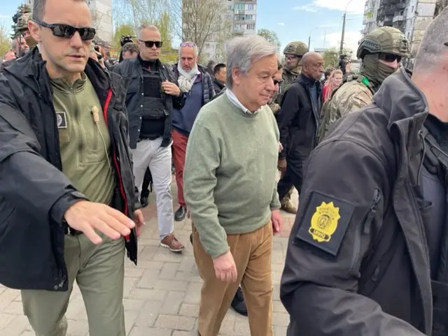 Image shows Guterres in Borodyanka