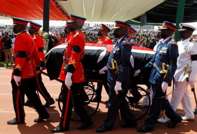 Mwai Kibaki's casket arriving at the stadium in Nairobi, Kenya - 29 April 2022