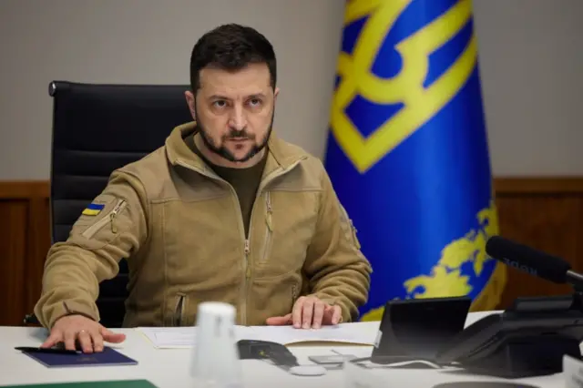 Ukrainian President Volodymyr Zelensky during a meeting with his cabinet