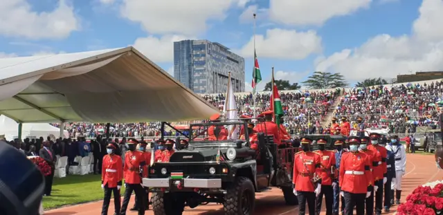 The body of former President Mwai Kibaki arrives at Nyayo national stadium