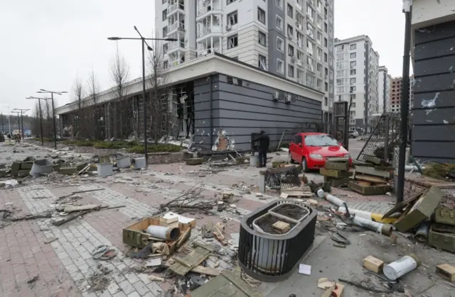 Damaged street in Bucha