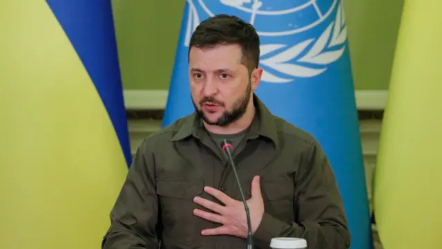 Ukrainian President Volodymyr Zelensky speaking to the media