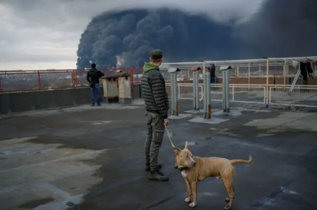 Image shows man with dog watching smoke rise