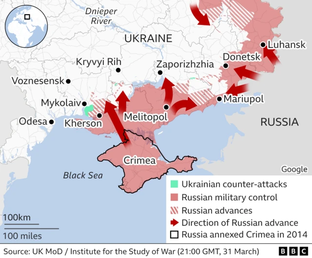 Image shows map of Russian offensives in southern and eastern Ukraine