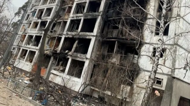 View of the extensive damage of a building, following the Russian army's retreat from the area during its invasion, in Bucha, Kyiv region, Ukraine April 2, 2022 in this image obtained from social media