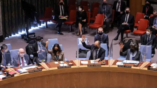 Members of the UN Security Council gesture during a session in March 2022