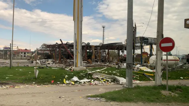 The wreckage of a petrol stations near Kyiv