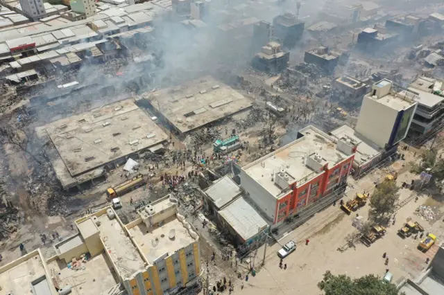 This earial view shows the aftermath of the fire that broke out at at Waaheen market in Hargeisa, Somaliland, on April 2, 2022.