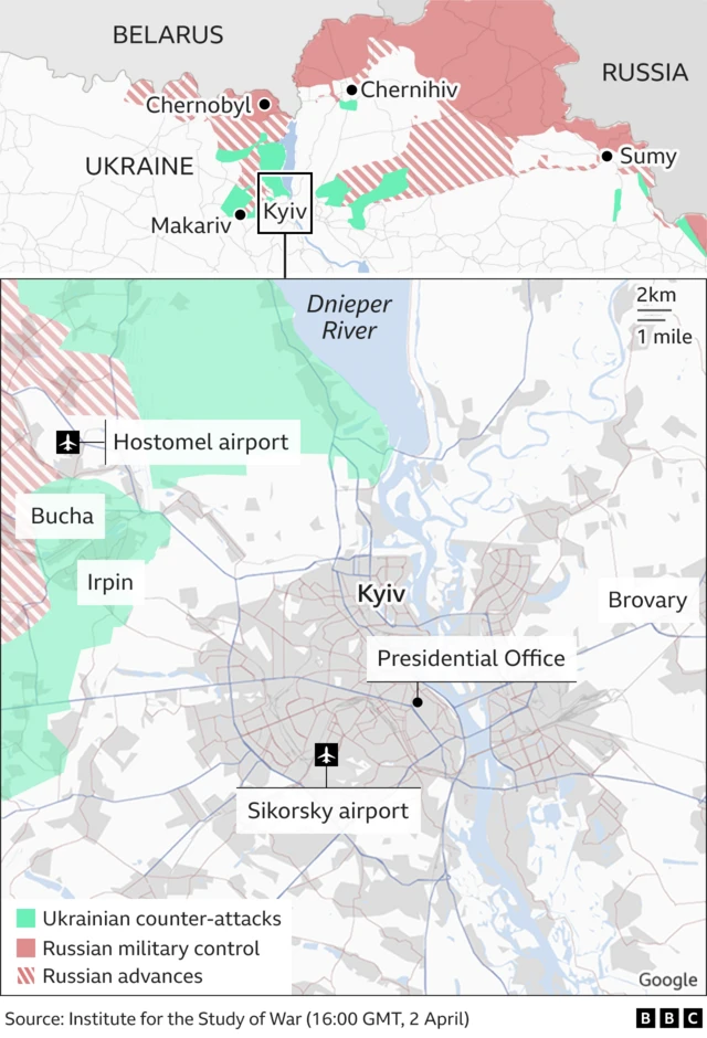 A map showing Bucha's location near Kyiv