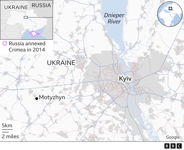Map showing Ukrainian village of Motyzhyn
