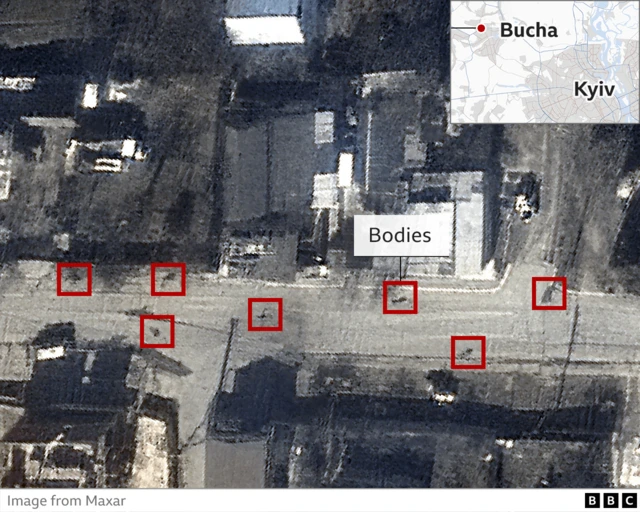 Annotated satellite image of bodies on street in Bucha