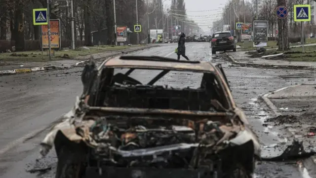 Burnt-our car in Bucha, Ukraine