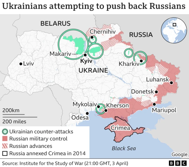 A map showing areas where Ukrainian forces are attempting to push back Russians