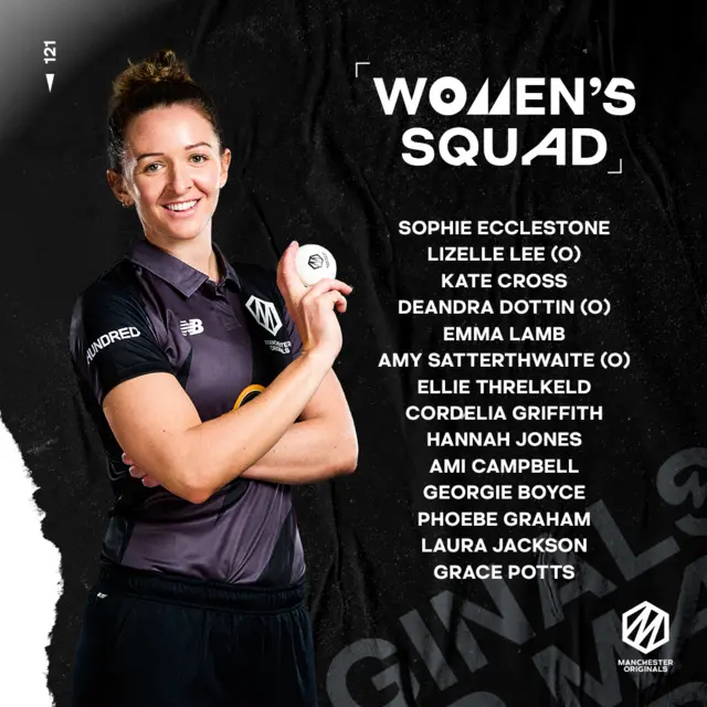 Manchester Originals women's squad: Ecclestone, Lee, Cross, Dottin, Lamb, Satterthwaite, Threlkeld, Griffith, Jones Campbell, Boyce, Graham, Jackson, Potts