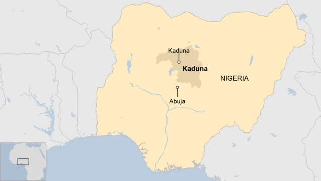 Map showing Kaduna state, Kaduna city, and Nigeria's capital of Abuja.