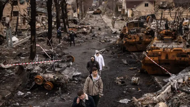 Destroyed Russian tanks in the suburb of Bucha