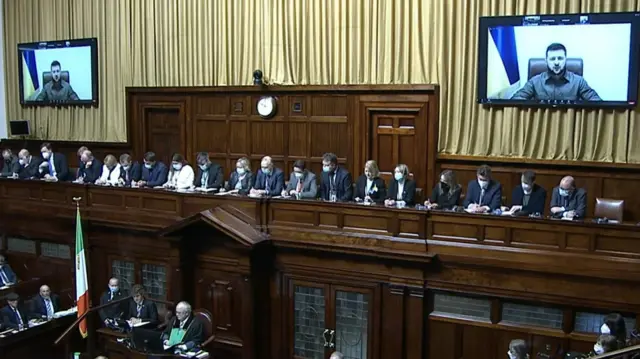 Ukrainian President Volodymyr Zelensky speaking to the Irish Parliament