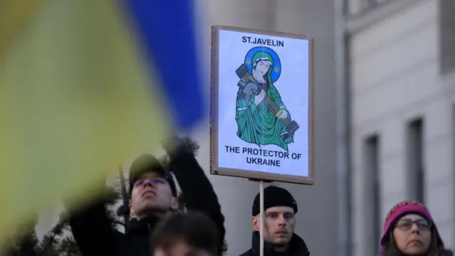 A protest in Lithuania pays respects to "St Javelin the protector of Ukraine'