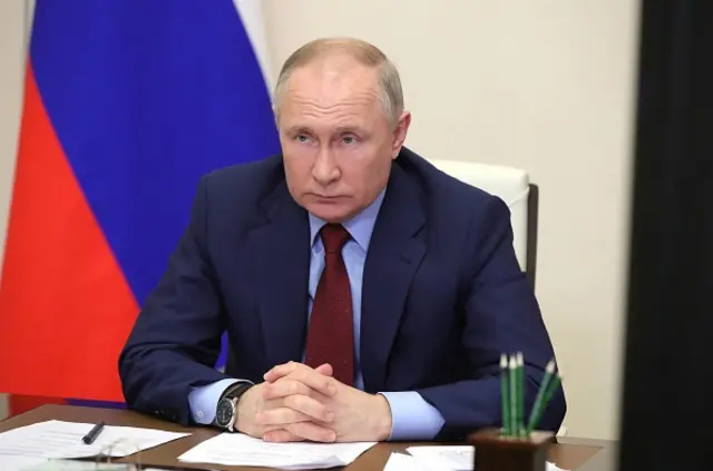 Russian President Vladimir Putin chairing a meeting via a video link at the Novo-Ogaryovo state residence outside Moscow on 5 April 2022