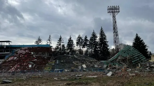 A bombed out stadium in the city of Chernihiv, north east of Kyiv