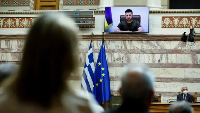 Volodymyr Zelensky speaks to the Greek Parliament