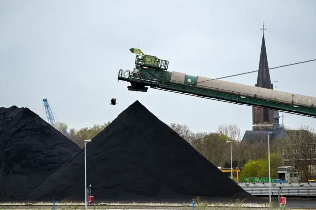 A storage site of hard coal for the coal-fired power plant of the German energy supplier Steag in Duisburg, western Germany.