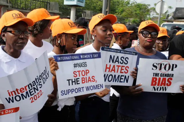 Protesters mark the International Women's Day 2022 at Alausa, Ikeja, Lagos, Nigeria