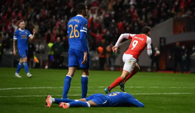 Abel Ruiz celebrates scoring for Braga against Rangers