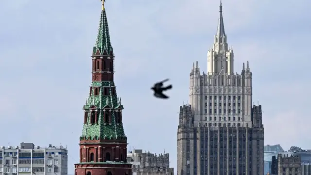 A pigeon flying over one of the Kremlin towers in Moscow