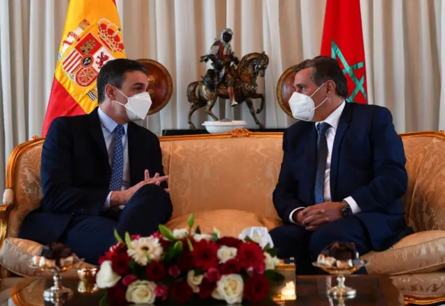 Prime Minister of Morocco Aziz Akhannouch (R) and Spanish Prime Minister Pedro Sanchez (L) during their meeting in Rabat, Morocco, 07 April 2022