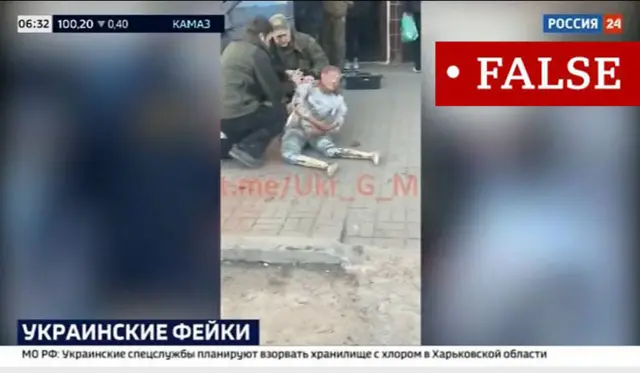 A still from the footage that a Russian TV station falsely claimed showed Ukranians moving a dummy