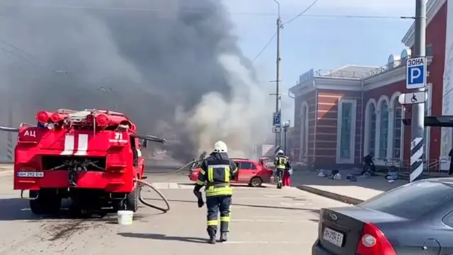 Firefighters respond to the Kramatorsk station attack