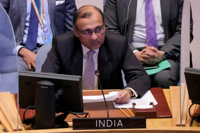 India's Ambassador to the United Nations T. S. Tirumurti addresses the United Nations Security Council during a meeting at the United Nations Headquarters in Manhattan, New York City, New York, U.S., April 5, 2022.