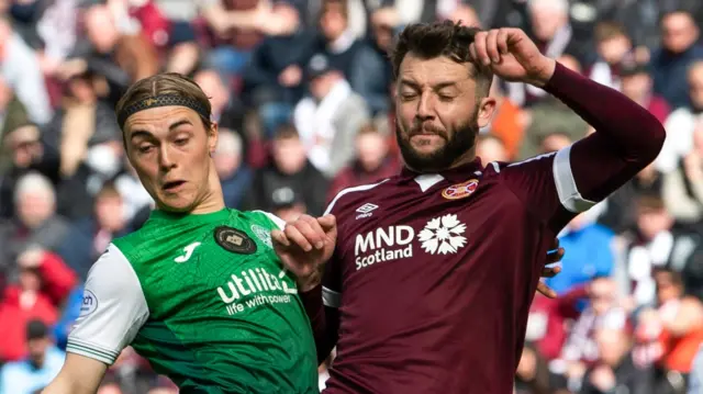 Hibernian's Elias Melkerson and Hearts' Craig Halkett