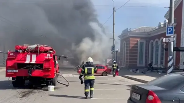 Firefighters respond to the Kramatorsk train station attack