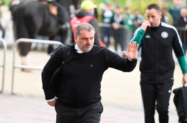 Ange Postecoglou arriving at Celtic Park in his 'lucky jumper'