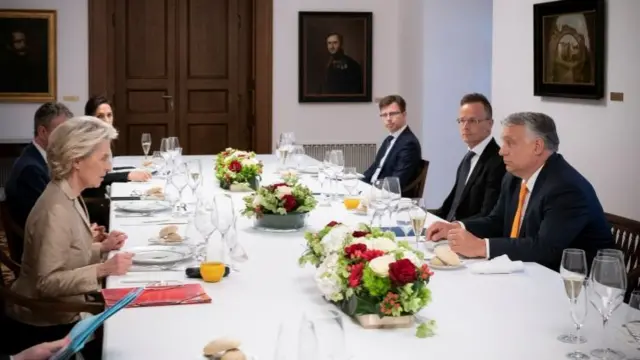 Hungary's Prime Minister Viktor Orban and European Commission President Ursula von der Leyen talk during their meeting in Budapest, Hungary