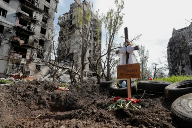 A grave of a civilian killed during Ukraine-Russia conflict in the southern port city of Mariupol