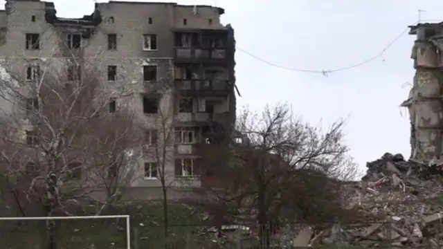 A devastated building in Izyum