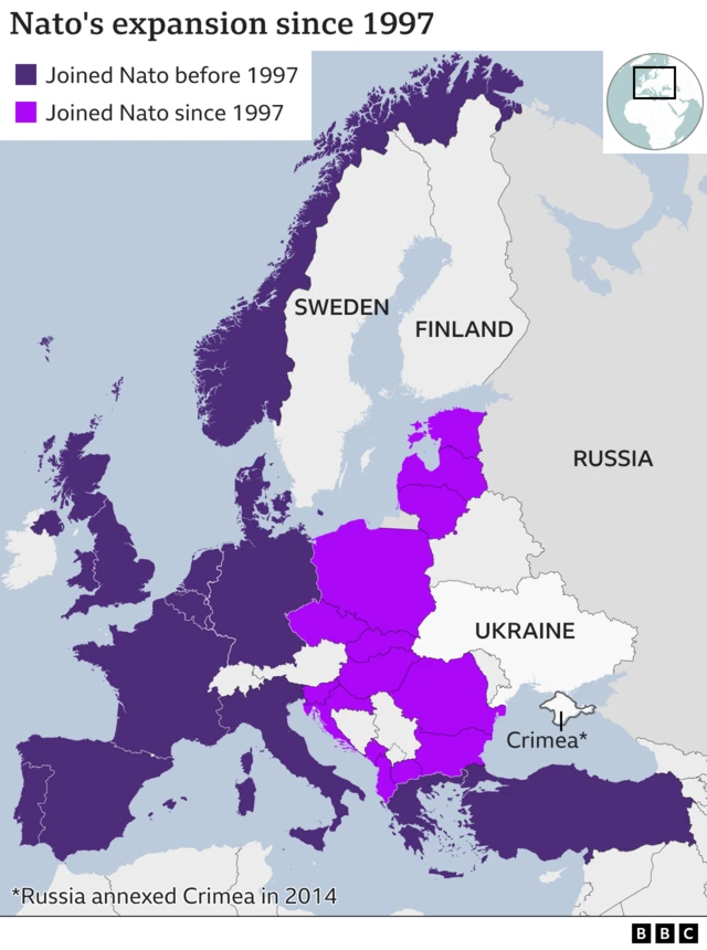 A map showing Nato's expansion since 1997