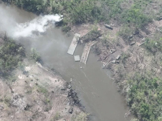 A photo purportedly showing destroyed Russian pontoon bridges across the Siverskyi Donets river, eastern Luhansk region