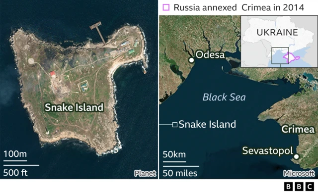 Locator map showing Snake Island in the Black Sea - within striking distance of Odesa