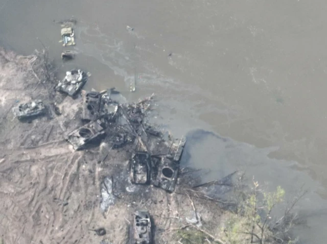 A photo purportedly showing destroyed Russian armoury on the banks of the Siverskyi Donets river, Luhansk region