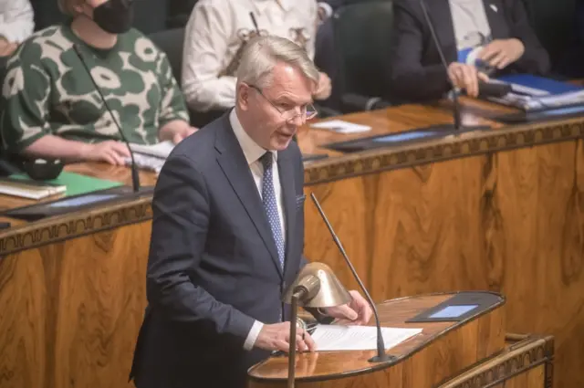 Finnish Minister for Foreign Affairs Pekka Haavisto during a debate on the possibility of joining NATO, at Parliament House in Helsinki, Finland