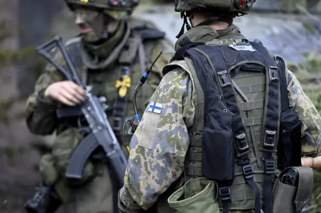 Finnish soldiers take part in an exercise