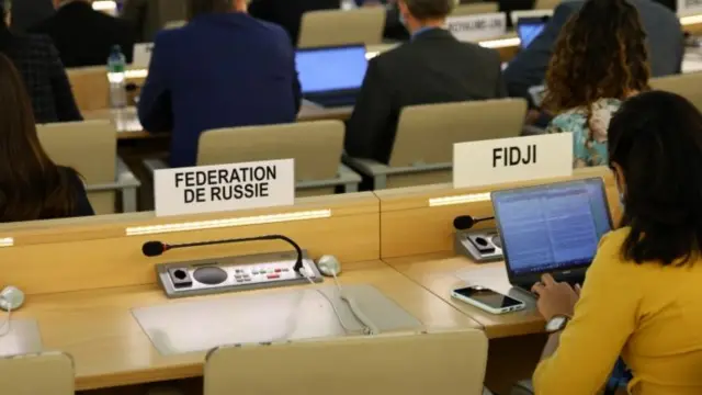 Russian Federation's empty chair at the UN Human Rights Council session in Geneva, 12 May 2022