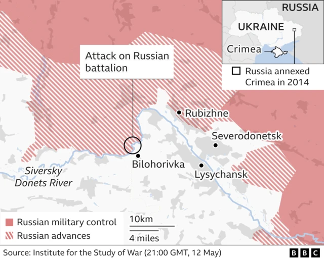 Map shows the location of a thwarted Russian attempt to bridge the Siversky Donets river