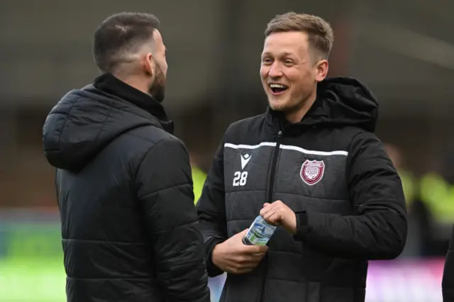 Sean Welsh and James Craigen share a laugh before kick-off